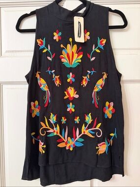 Embroidered Floral Black Sleeveless Top
